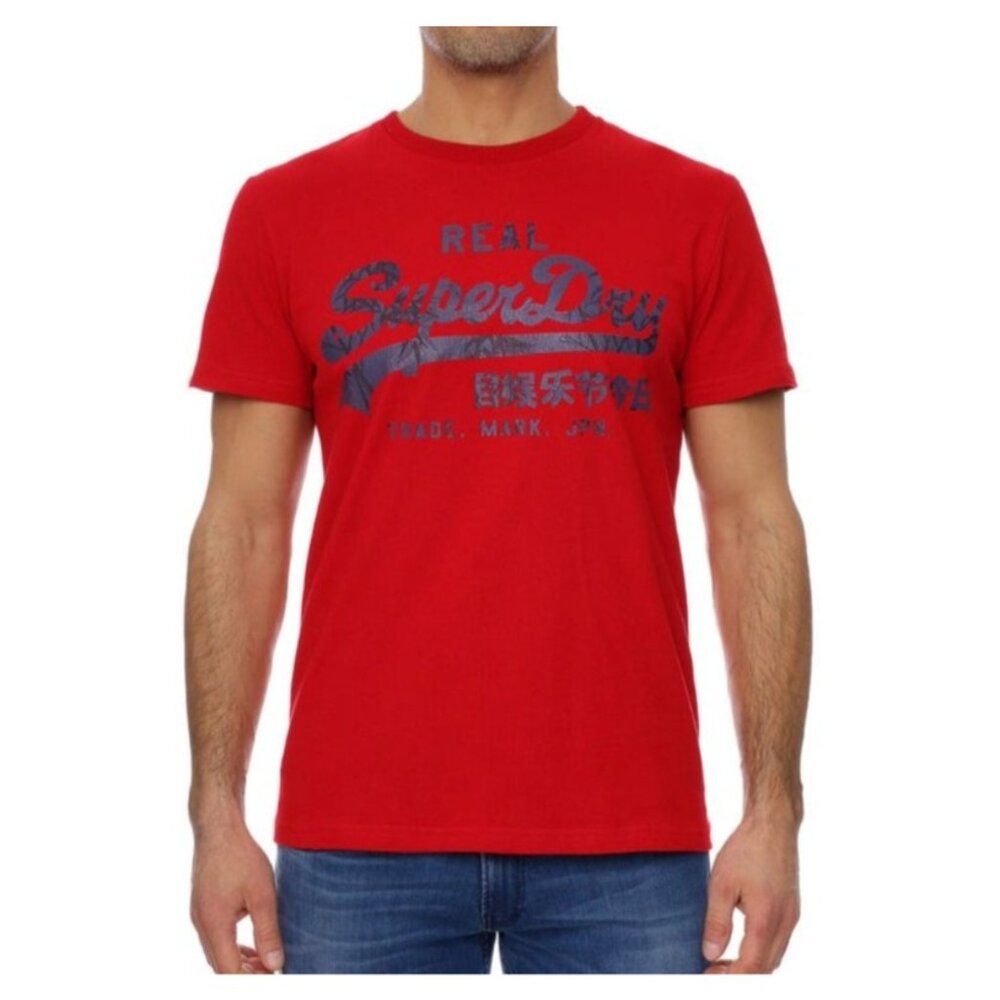 SuperDry Men's Red Logo Shirt Tropical Cotton Short Sleeve